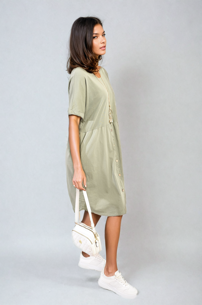 Short Sleeve Button Front Midi Dress