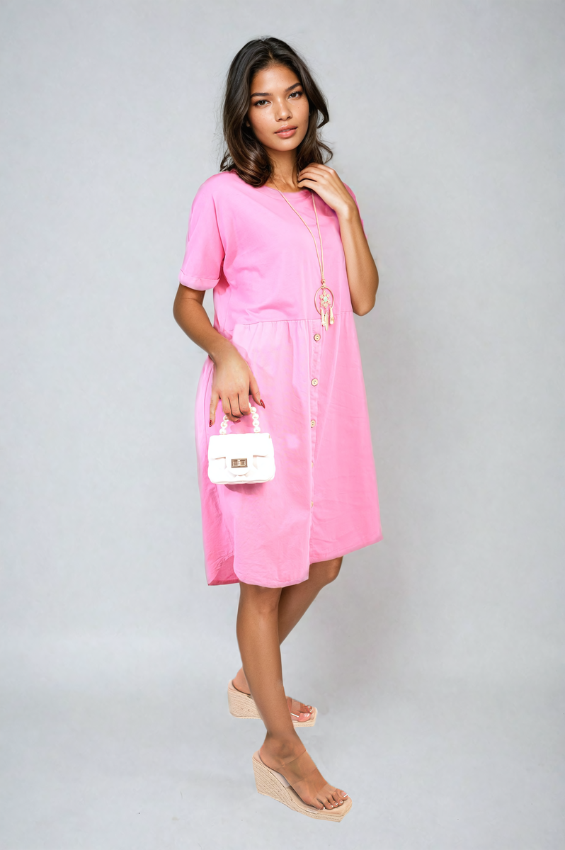 Short Sleeve Button Front Midi Dress