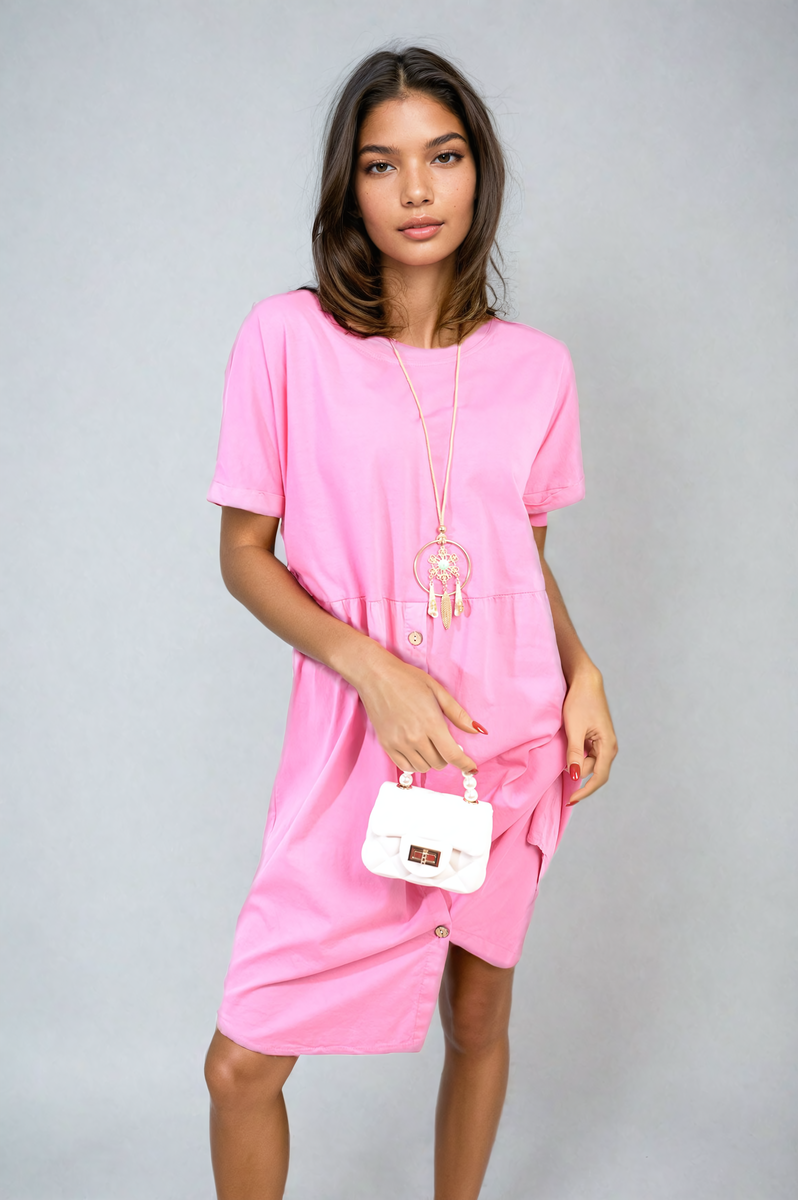 Short Sleeve Button Front Midi Dress