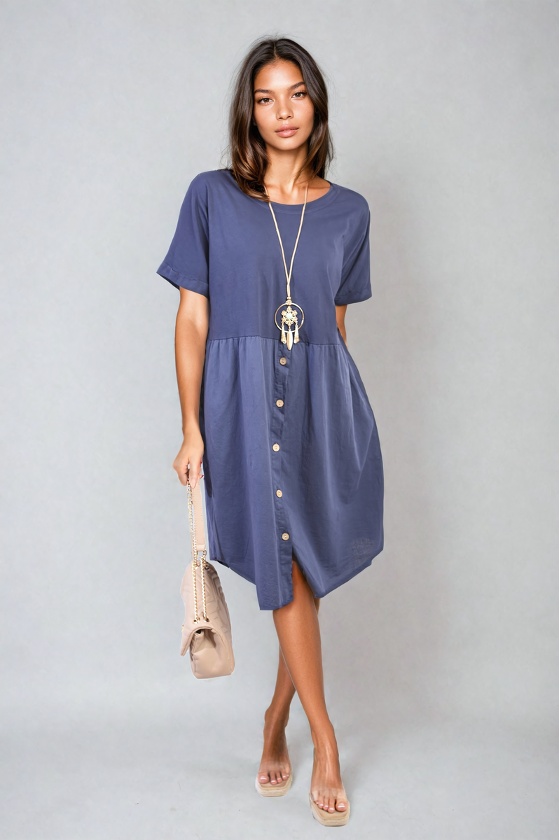 Short Sleeve Button Front Midi Dress