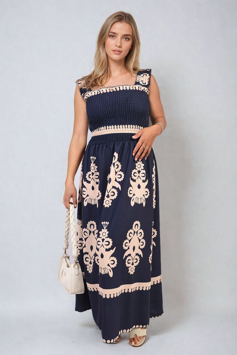 Smocked Sleeveless Flowy Tribal Print Summer Maxi Dress