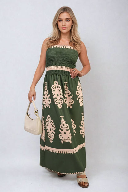 Smocked Sleeveless Flowy Tribal Print Summer Maxi Dress