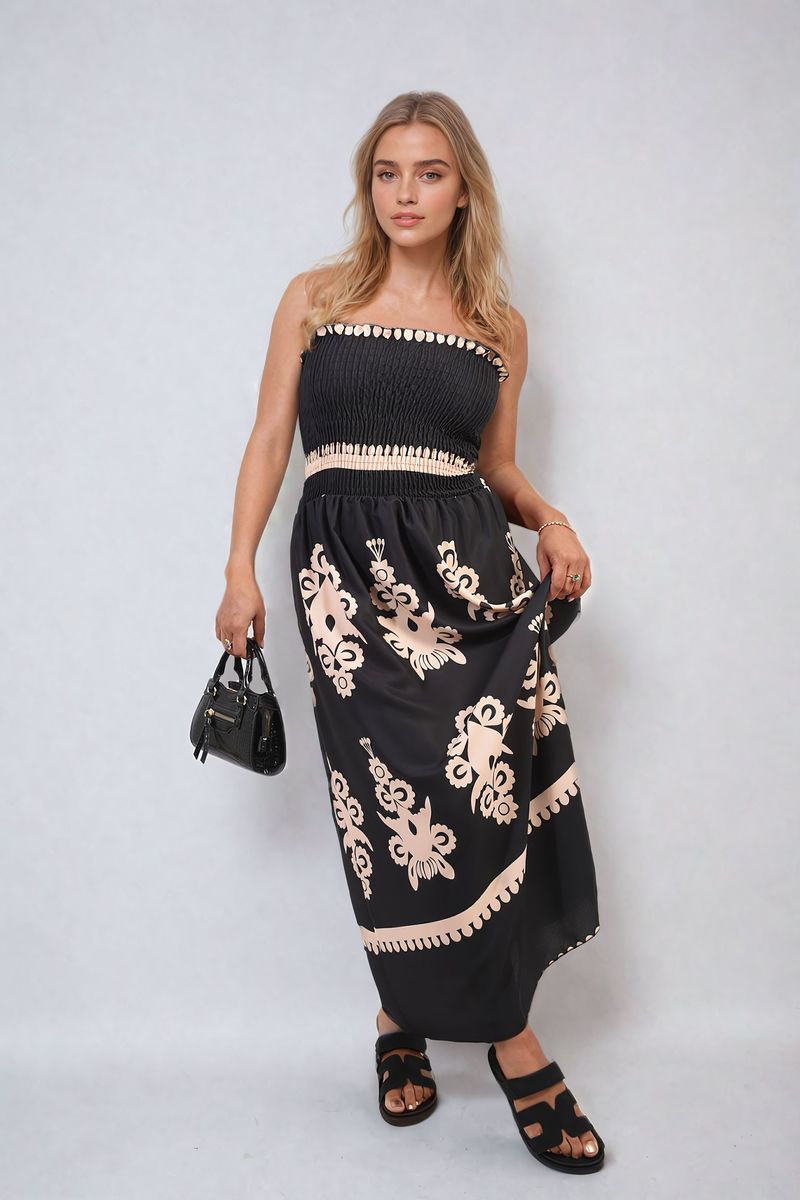 Smocked Sleeveless Flowy Tribal Print Summer Maxi Dress