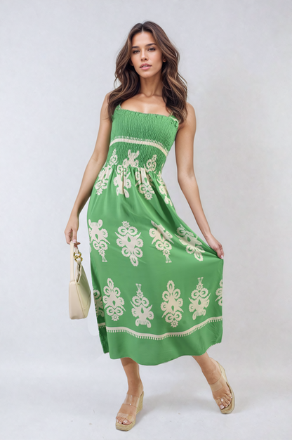 Smocked Sleeveless Flowy Tribal Print Summer Maxi Dress