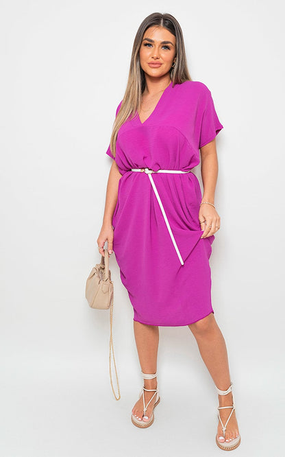 V-Neck Half-Sleeve Midi Dress