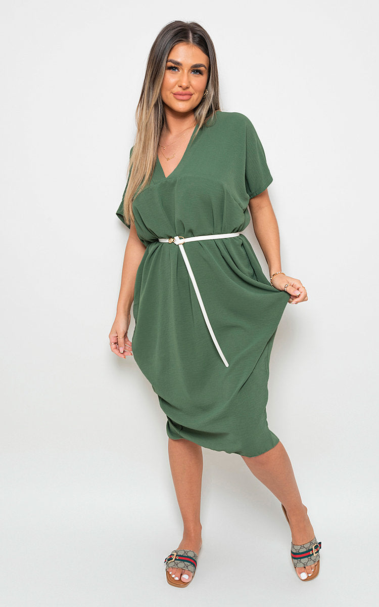 V-Neck Half-Sleeve Midi Dress