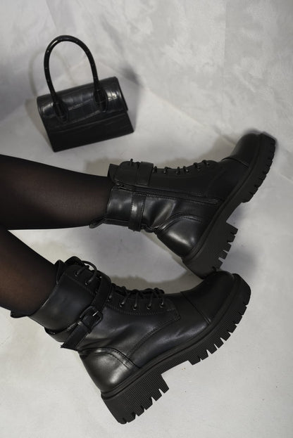 Lace Up Buckle Chunky Combat Boots