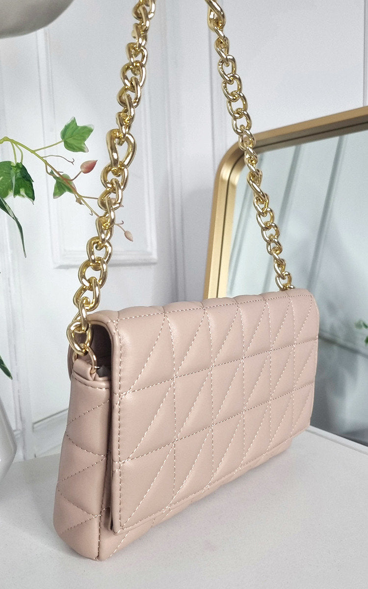 Faux Leather Padded Handbag with Chain Detail