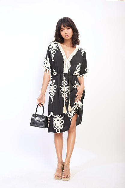 Printed V-Neck Short Sleeve Midi Dress with Tassel Detail