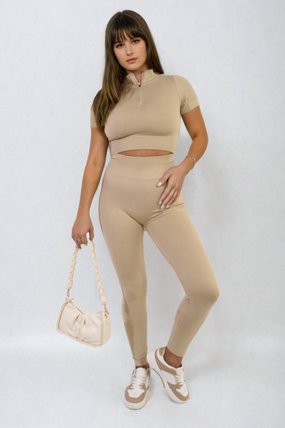 Ribbed Half Zip Crop Top and High Waist Leggings Co-ord Set