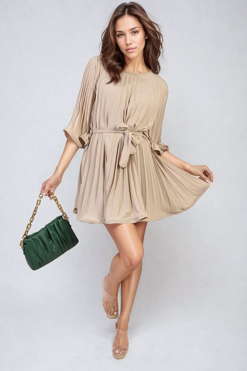 Pleated Tie Waist Mini Dress