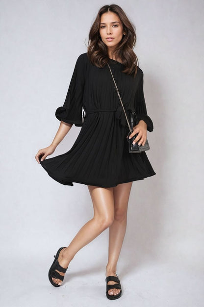 Pleated Tie Waist Mini Dress