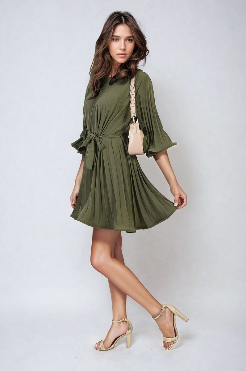 Pleated Tie Waist Mini Dress