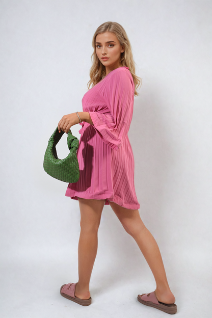 Pleated Tie Waist Mini Dress