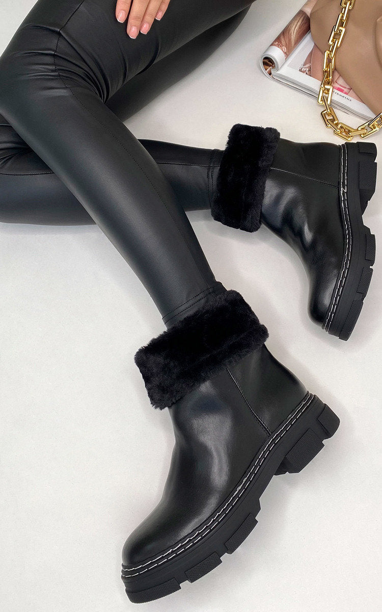 Faux Leather Fluffy Bow Ankle Boots