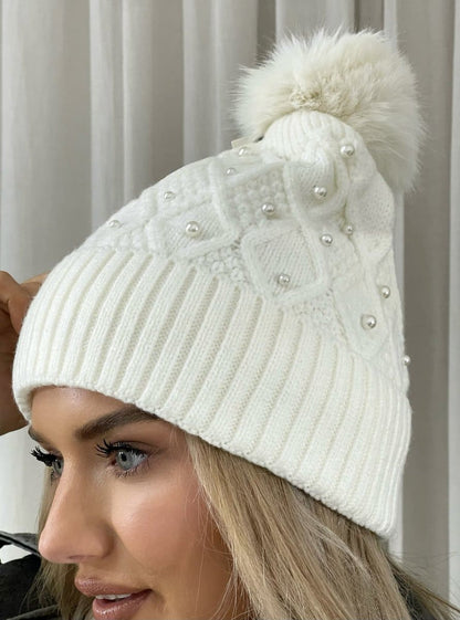 Pom Pom Knitted Winter Hat With Pearl Decor