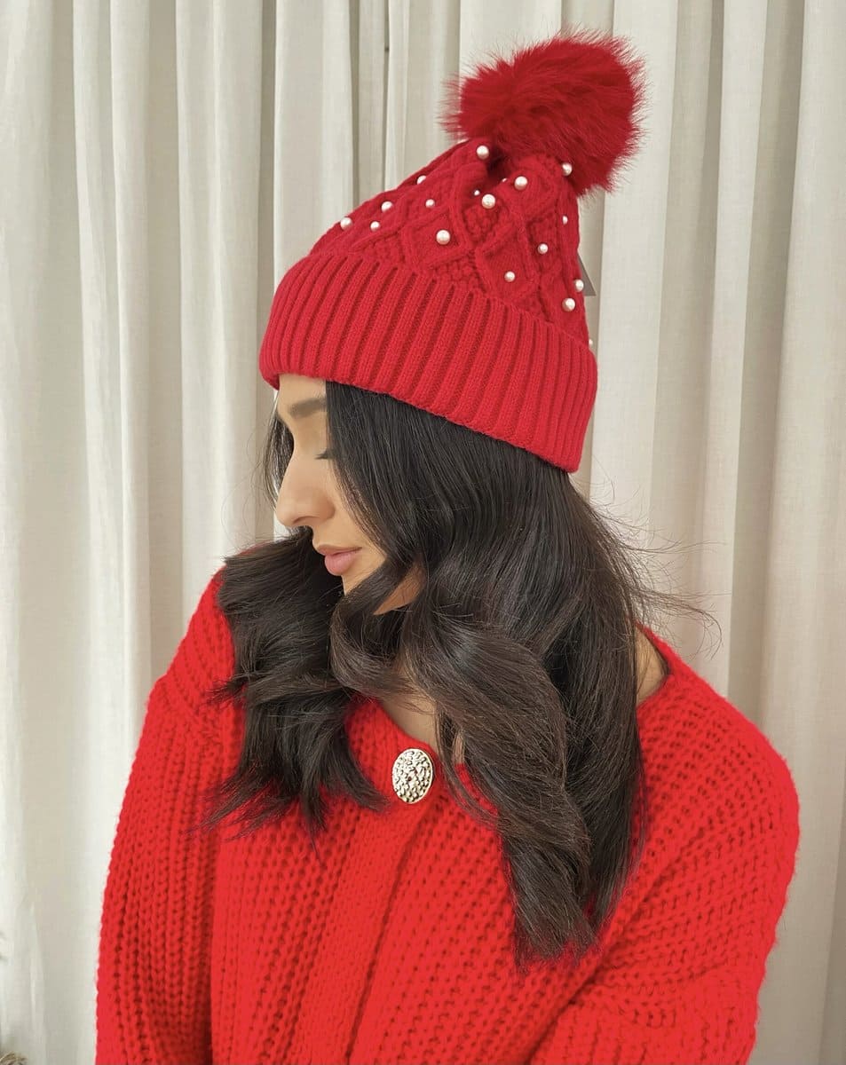 Pom Pom Knitted Winter Hat With Pearl Decor