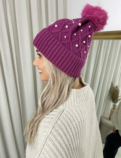 Pom Pom Knitted Winter Hat With Pearl Decor