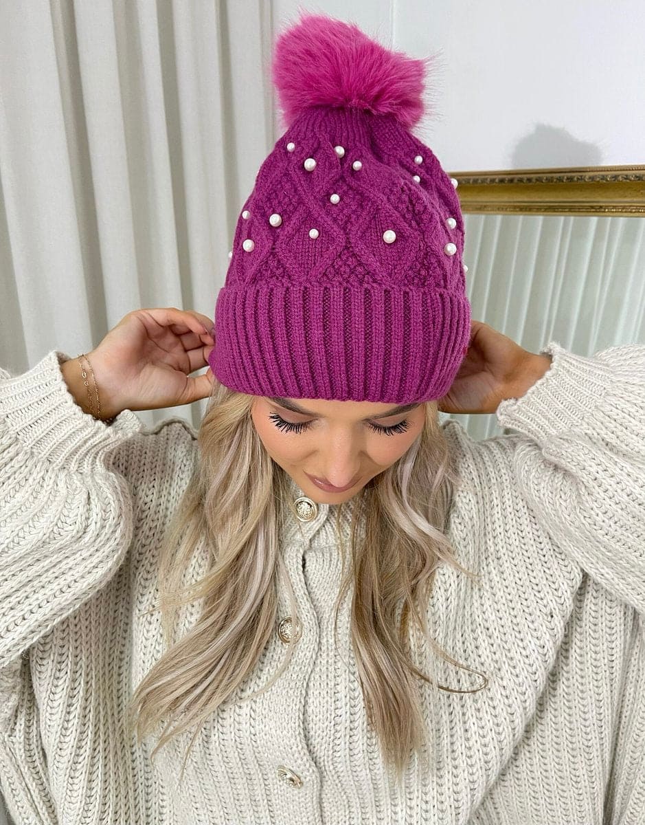 Pom Pom Knitted Winter Hat With Pearl Decor