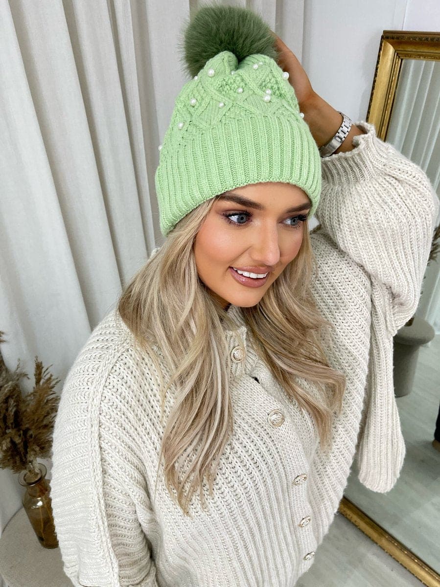 Pom Pom Knitted Winter Hat With Pearl Decor