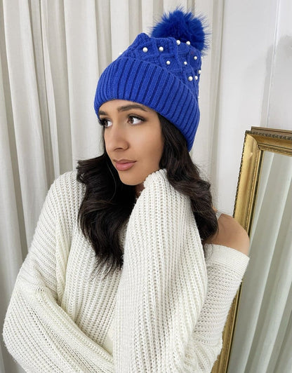 Pom Pom Knitted Winter Hat With Pearl Decor