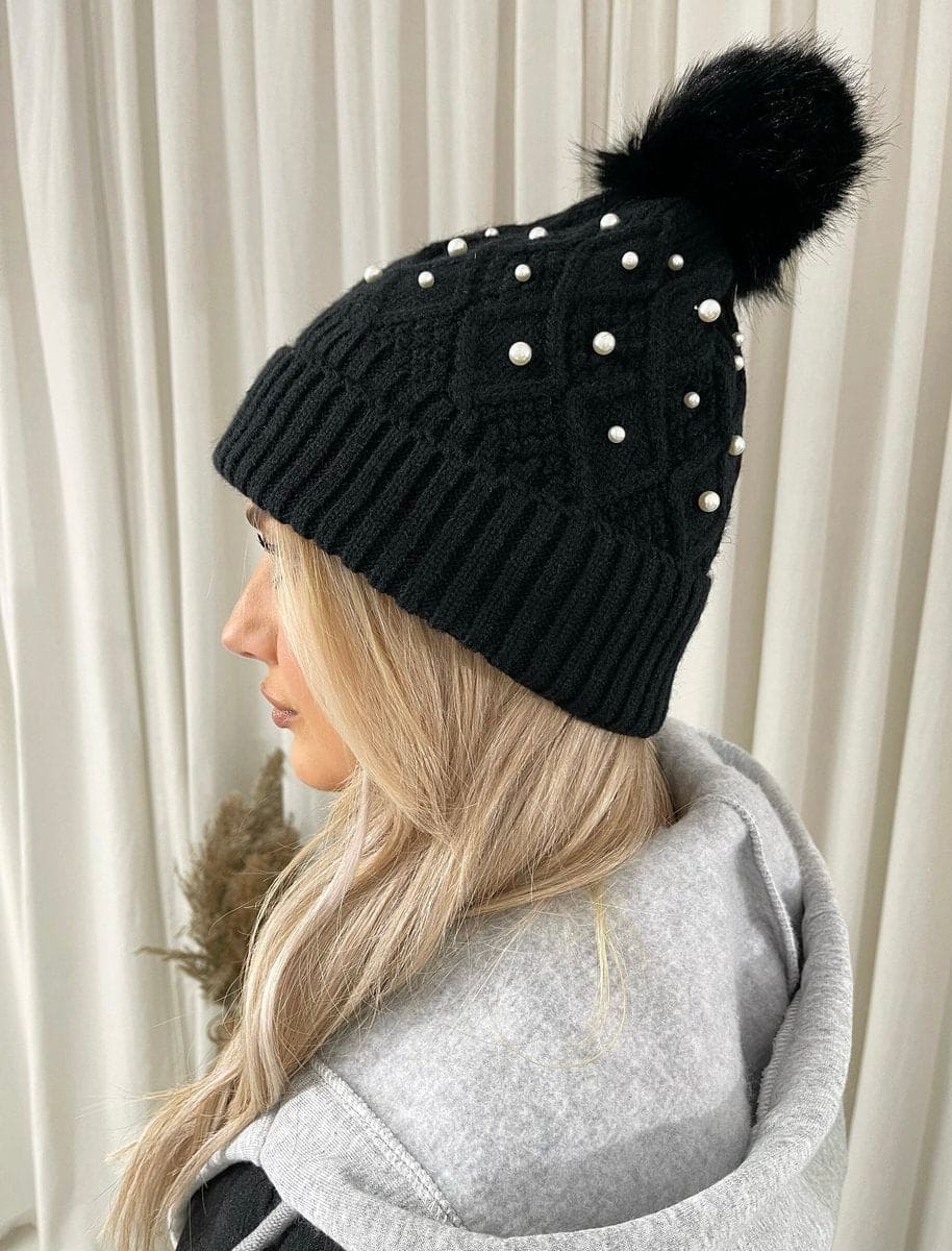 Pom Pom Knitted Winter Hat With Pearl Decor