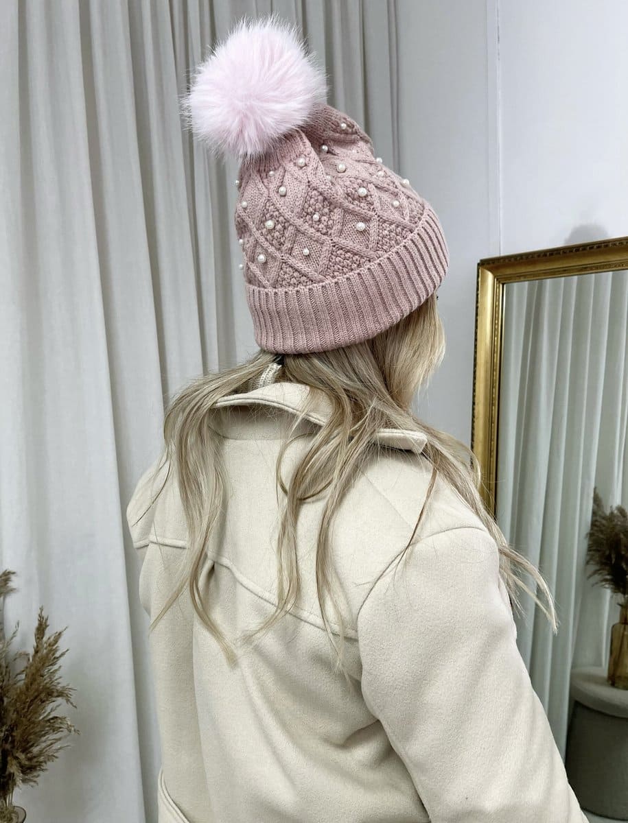 Pom Pom Knitted Winter Hat With Pearl Decor