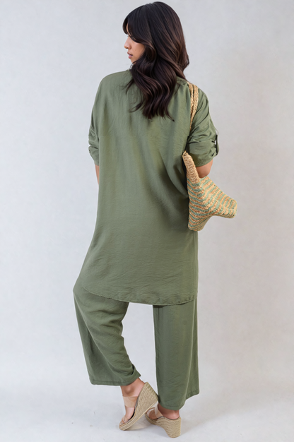 Oversized Button Front Shirt & Wide Leg Pants Co-ord Set