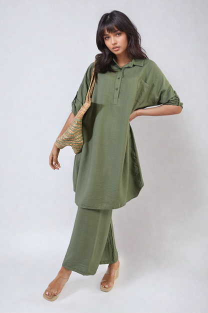 Oversized Button Front Shirt & Wide Leg Pants Co-ord Set