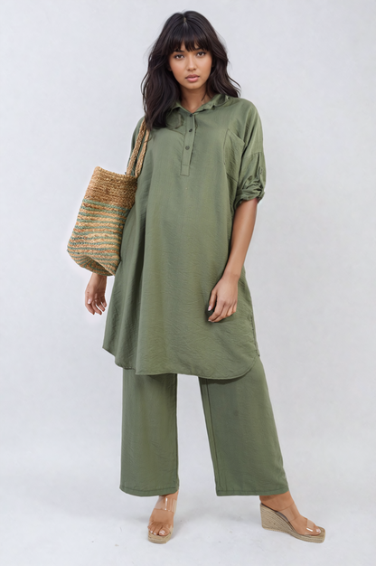 Oversized Button Front Shirt & Wide Leg Pants Co-ord Set