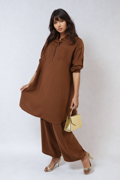 Oversized Button Front Shirt & Wide Leg Pants Co-ord Set