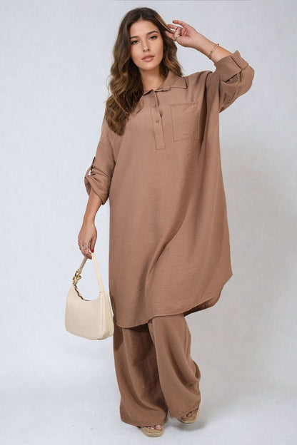 Oversized Button Front Shirt & Wide Leg Pants Co-ord Set