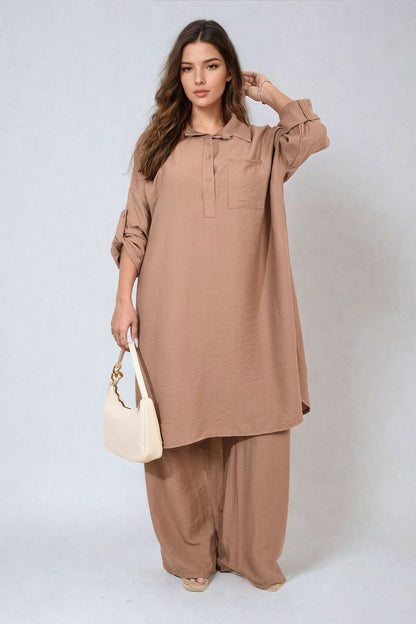 Oversized Button Front Shirt & Wide Leg Pants Co-ord Set