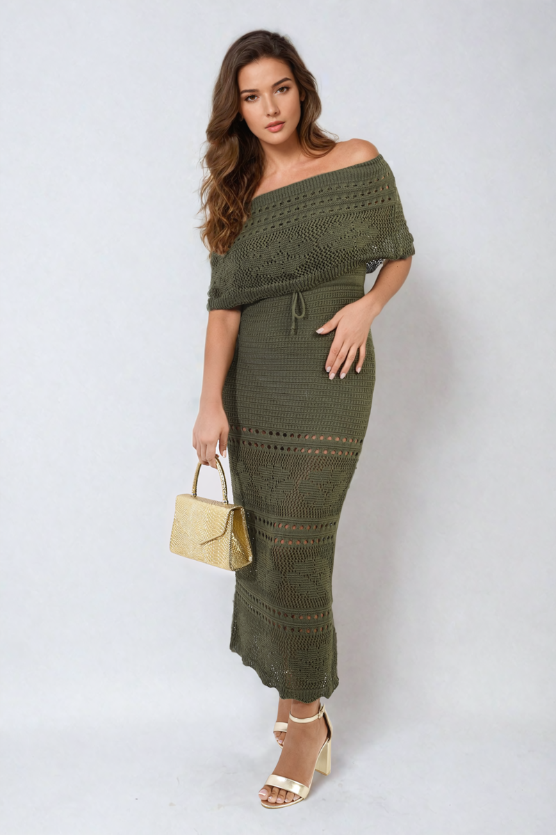 Knit Crochet Off Shoulder Maxi Dress