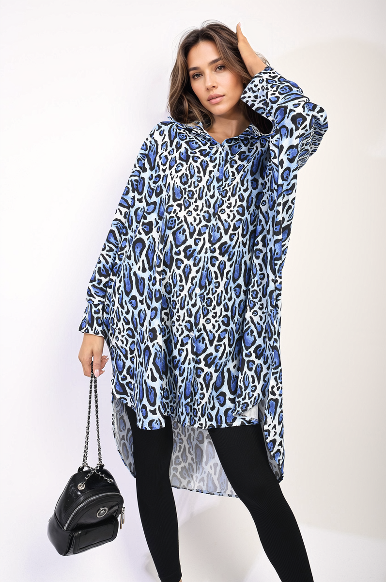 Oversized Long Sleeve Leopard Print Shirt Dress