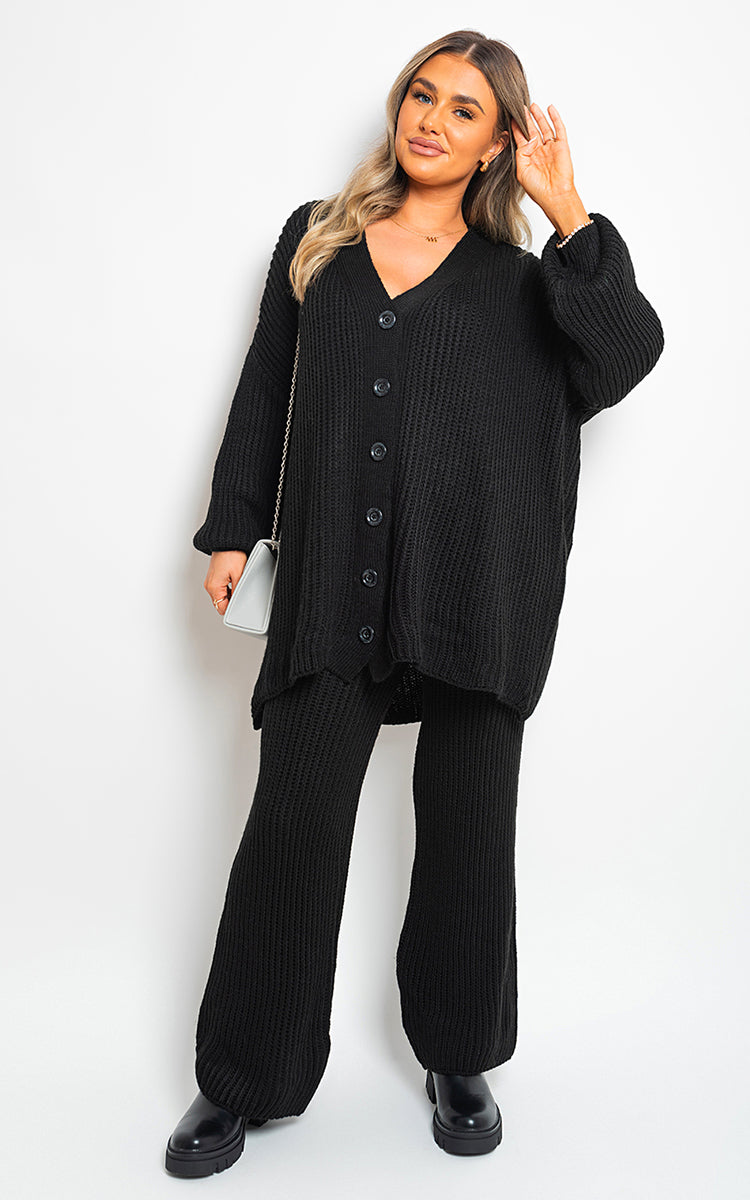 Chunky Knitted Button Up Cardigan Wide Leg Trousers Co-ord Set