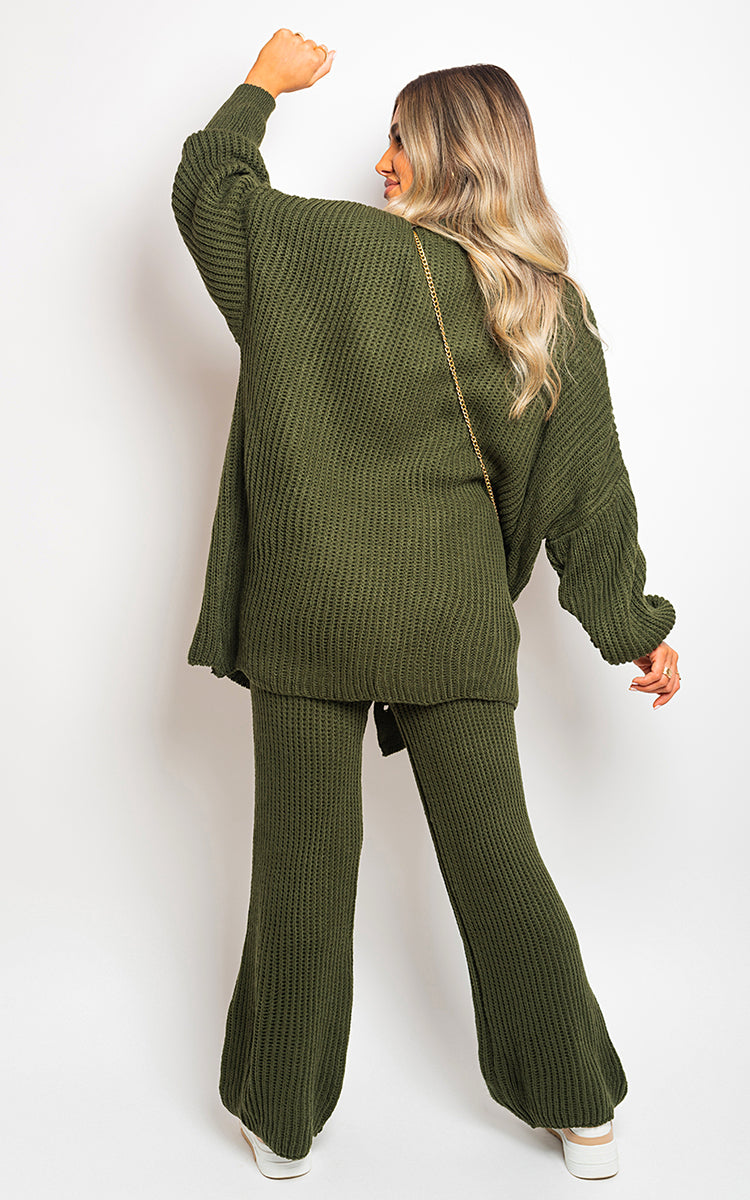 Chunky Knitted Button Up Cardigan Wide Leg Trousers Co-ord Set