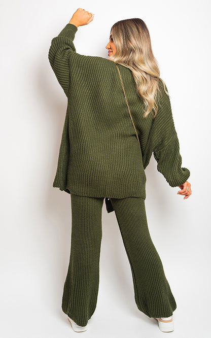 Chunky Knitted Button Up Cardigan Wide Leg Trousers Co-ord Set