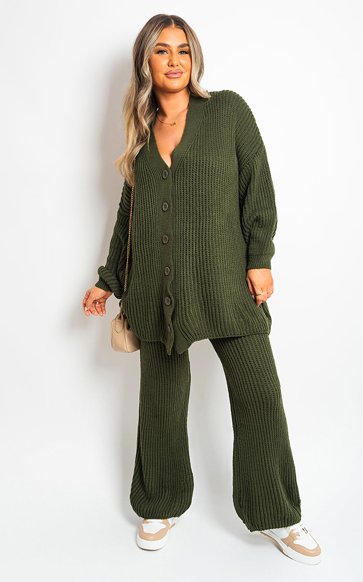 Chunky Knitted Button Up Cardigan Wide Leg Trousers Co-ord Set