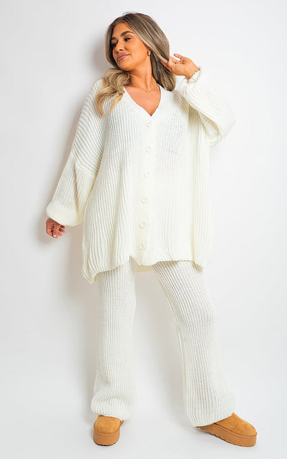 Chunky Knitted Button Up Cardigan Wide Leg Trousers Co-ord Set