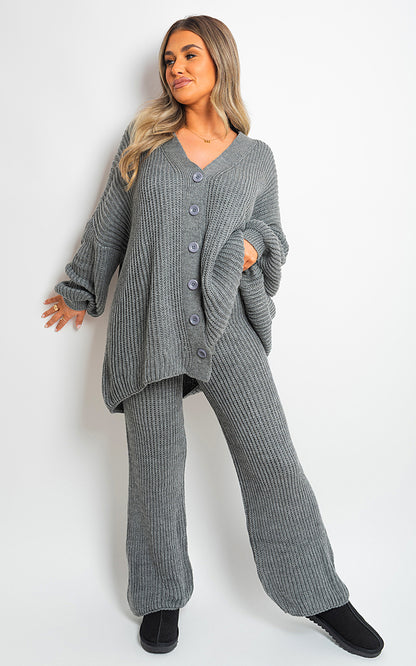 Chunky Knitted Button Up Cardigan Wide Leg Trousers Co-ord Set