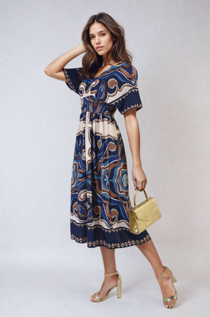 Ruched Printed V-Neck Short Sleeve Midi Dress