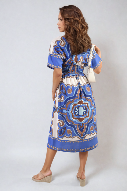 Ruched Printed V-Neck Short Sleeve Midi Dress