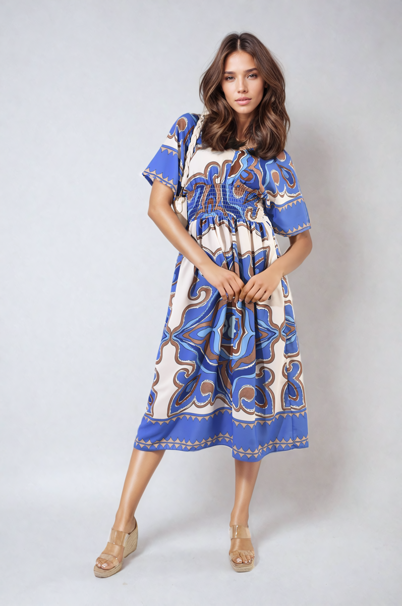 Ruched Printed V-Neck Short Sleeve Midi Dress