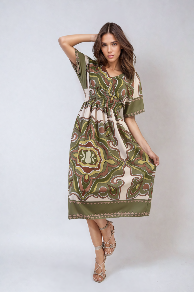 Ruched Printed V-Neck Short Sleeve Midi Dress