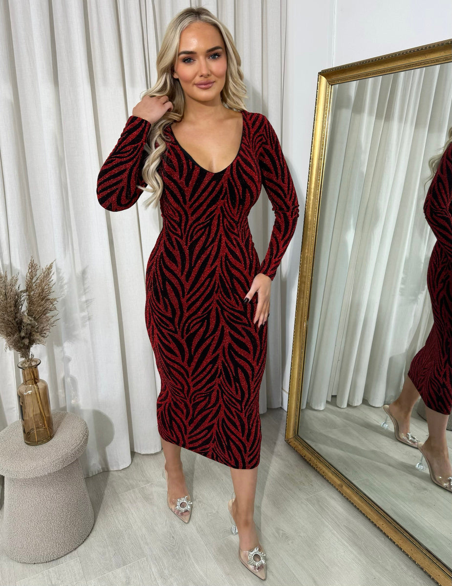 Printed V-Neck Long Sleeve Glitter Midi Dress