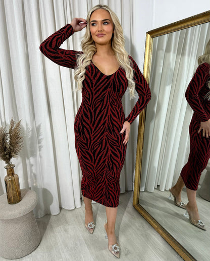 Printed V-Neck Long Sleeve Glitter Midi Dress