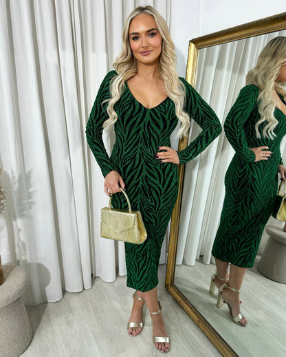 Printed V-Neck Long Sleeve Glitter Midi Dress