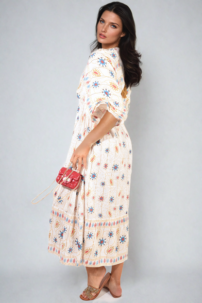 V-Neck Rope Tassel Printed Detail Maxi Dress