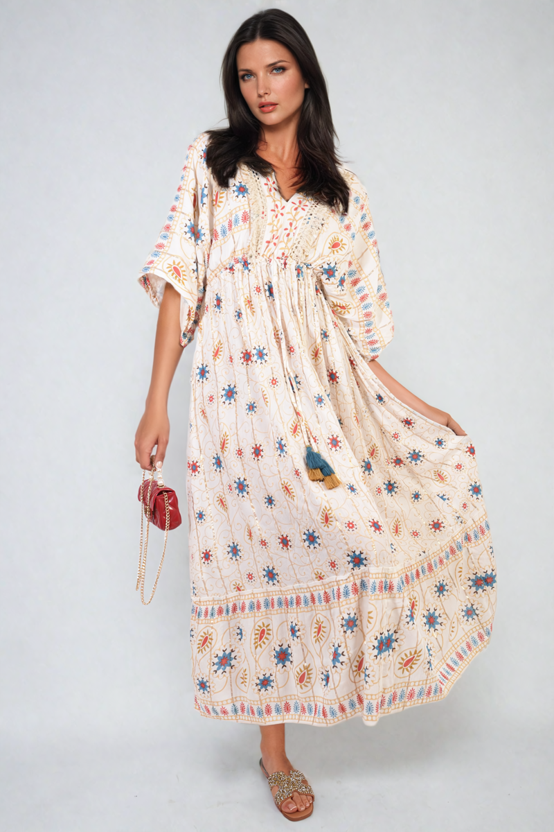 V-Neck Rope Tassel Printed Detail Maxi Dress